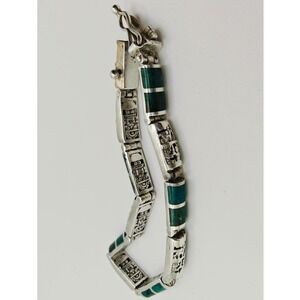Vintage Mexican Sterling Silver Malachite Mayan Aztec Calendar Link Bracelet